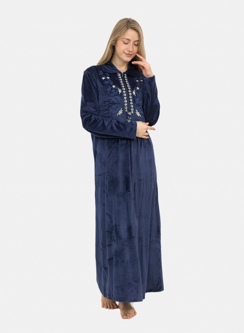 Elegant Velvet Maxi Galabeya Zipper Collar & Embroidery - Image 3